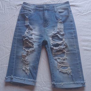 Distressed Strechy Bermuda Jean Shorts